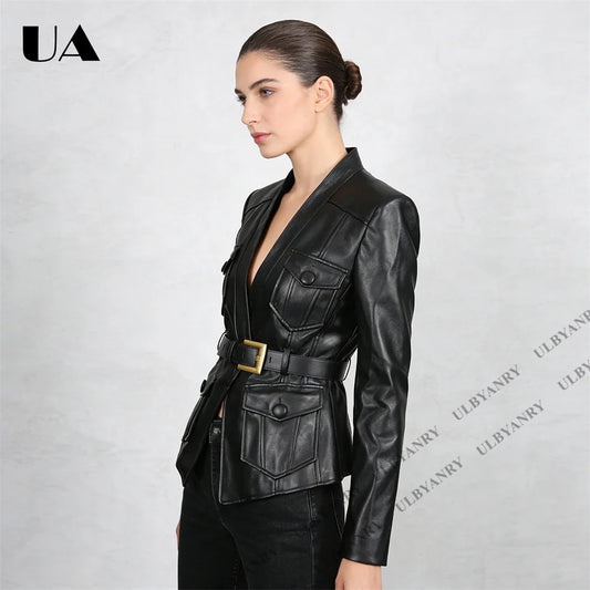 Women’s Black Faux Leather Blazer with Asymmetric Belt & Gold Buckle, Multi-Pocket Design, Edgy Streetwear or Night Out Jacket