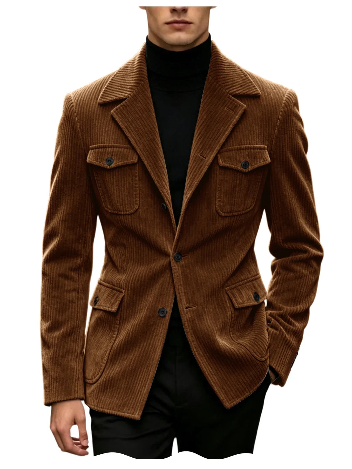 Men's Corduroy Blazer Jacket Slim Fit Notched Lapel Casual Business Coat With Four Flap Pockets For Daily Work Streetwear