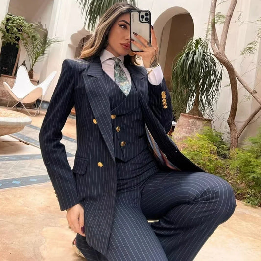 Women Suit 3 Pieces Navy Blue Striped Double Button For Wedding Party Business Work Daily Commute Shopping Blazer Vest Pant