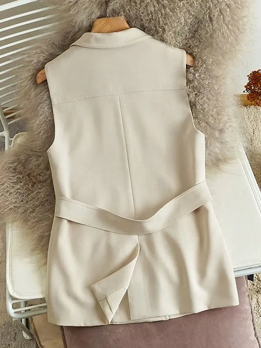 Fashion Double Breasted Suit Vest Women Clothes With Pocket Back Belt Slim Elegant Tops Coat Formal Occasion Sleeveless Jackets