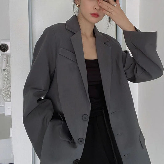 Retro ey ular Women's Suit Loose Hong Kong Sle Faionable Korean Version Spring Autumn New Arrival Polyester Fabric