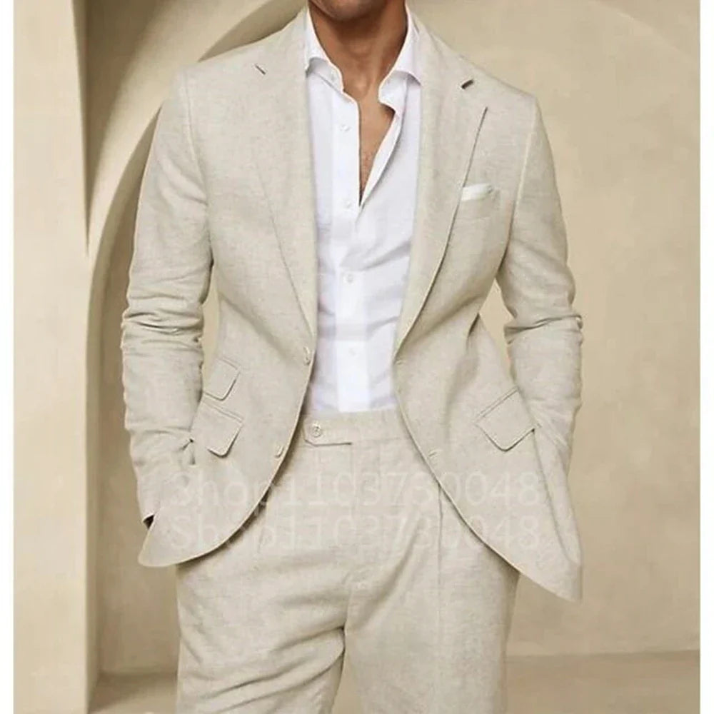 High Quality 2 Piece Blue/Beige Linen Men Suit Smart Casual Single Breasted Slim Fit Notch Lapel Blazer with Pants Costume Homme