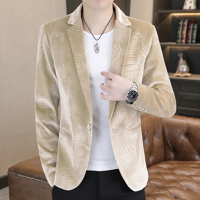 Blazer Men's Fashion Business Gentleman Groom Professional Gentleman Casual Velvet Bamboo Leaf Flower Dress High-end Blazer