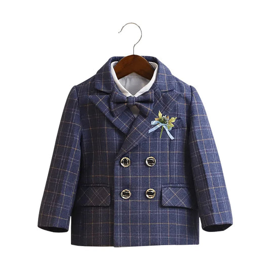 Kids Blue Plaid 5Pieces Suit Set With Jacket Vest Pants Bowtie Brooch Boys Formal Piano Host Performance Photography Outfit Suit