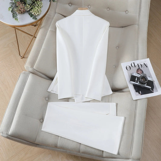 Elegant Chic One Button Blazer Pants Set for Woman 2 Pieces Sets Autumn Office Lady Work Jacket and Trousers Suit White