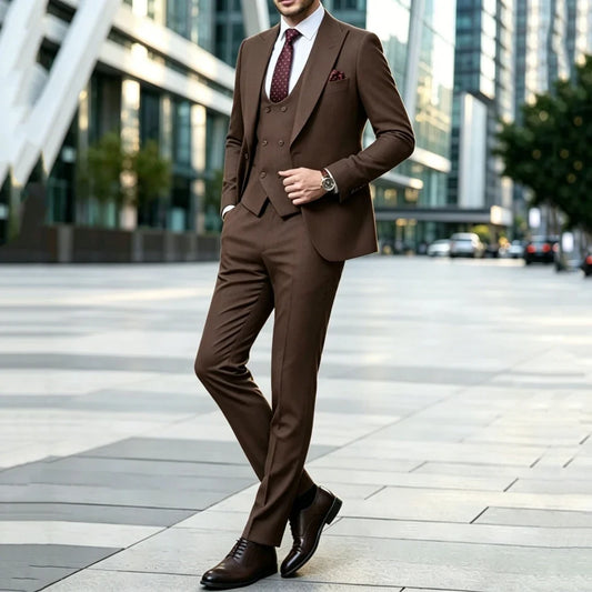 Men Suit Dark Brown 3 Pieces Solid With Lapel For Wedding Birthday Banquet Party Business Work Office Set Jacket Vest Pants