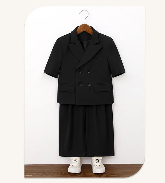 Boys Short Sleeve Double Breasted Blazer Jack Pants Children Suit Waistcoat Wedding Clothes Set Toddler Formal Dress Kid Tuxedos