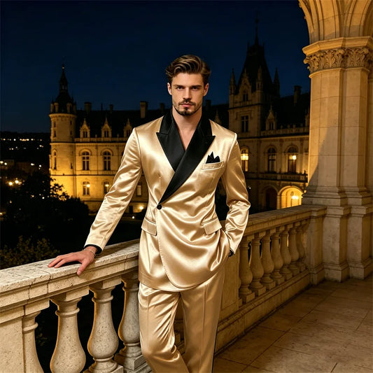 Men's 2 Piece Satin Suit Asymmetrical Wrap Peak Lapel Suit One Button Slim Fit Blazer Pants Wedding Formal Evening Luxury Outfit