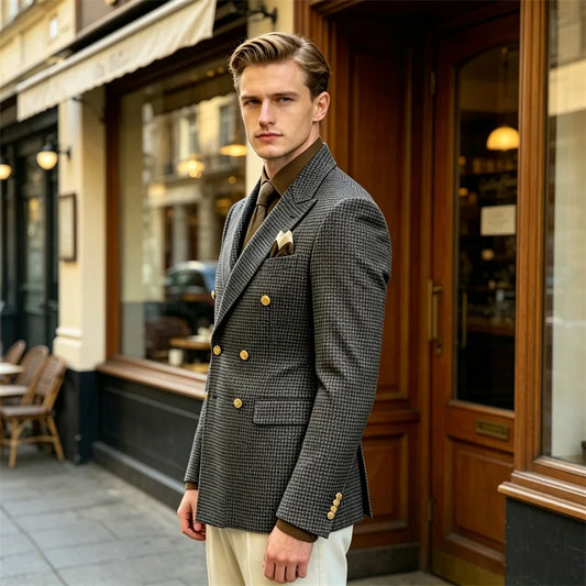 Men's Houndstooth Double Breasted Blazer Vintage Slim Jacket Fit Formal Business Wedding Party Coat For Men Autumn Winter