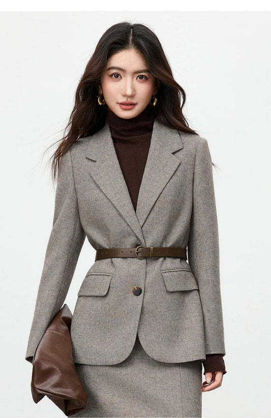 Women's Blazer Coat Autumn 2026 New Contrast Color Detachable Belt Office Commuter Fashion Elegant Outerwear 154XA3830