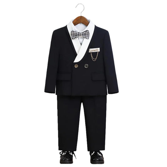 Kids Jacket Vest Pants Bowtie Brooch 5Pieces Piano Suit Set Flower Boys Wedding Outfit Children's Performance Costume
