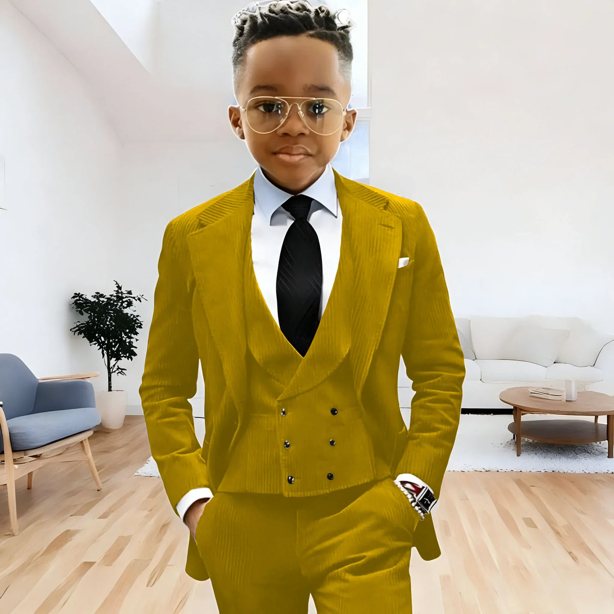 Brown Corduroy Boy Suit 3 Piece Blazer Vest Pant Suit Set Notched Lapel Formal Wedding Dresses Business Tuxedo Suits for Kids