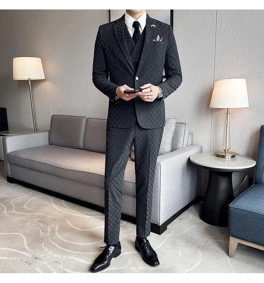 2025 Trendy Plaid Wedding Groom Tuxedos Suits Men 3 Pieces Suit Male (Jacket+Vest+Pants) Party Prom Business Formal Casual Suits