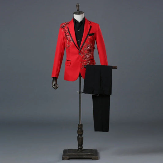 Exquisite Embroidery Beaded Suit Set 2 Pieces Dancing Wear Notched Lapel Handsome Men's Slim Fit Suits Wedding Party Tuxedo