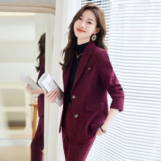 Office Ladies Pants Suits for Women 2025 New Long Sleeve Single Breasted Slim Formal Blazer Suits Pants 2 P