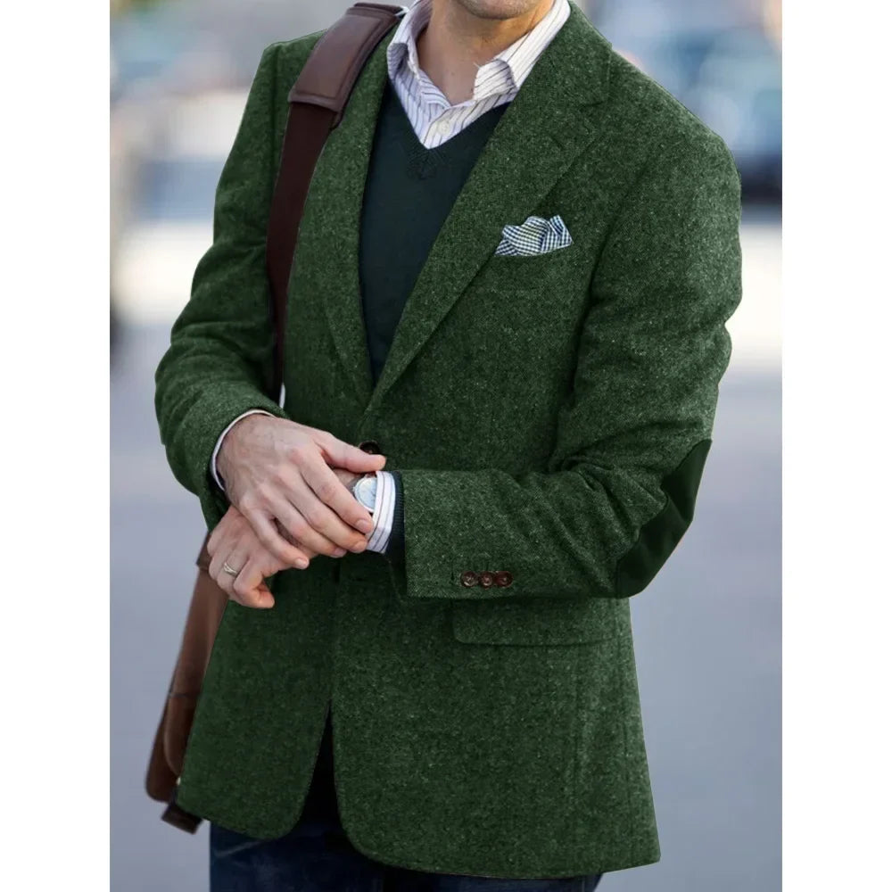 Elegant Mens Suit Jacket Herringbone Single Breasted Elbow Patches Casual Business Fashion Jackets Elegant Comfortable Coat