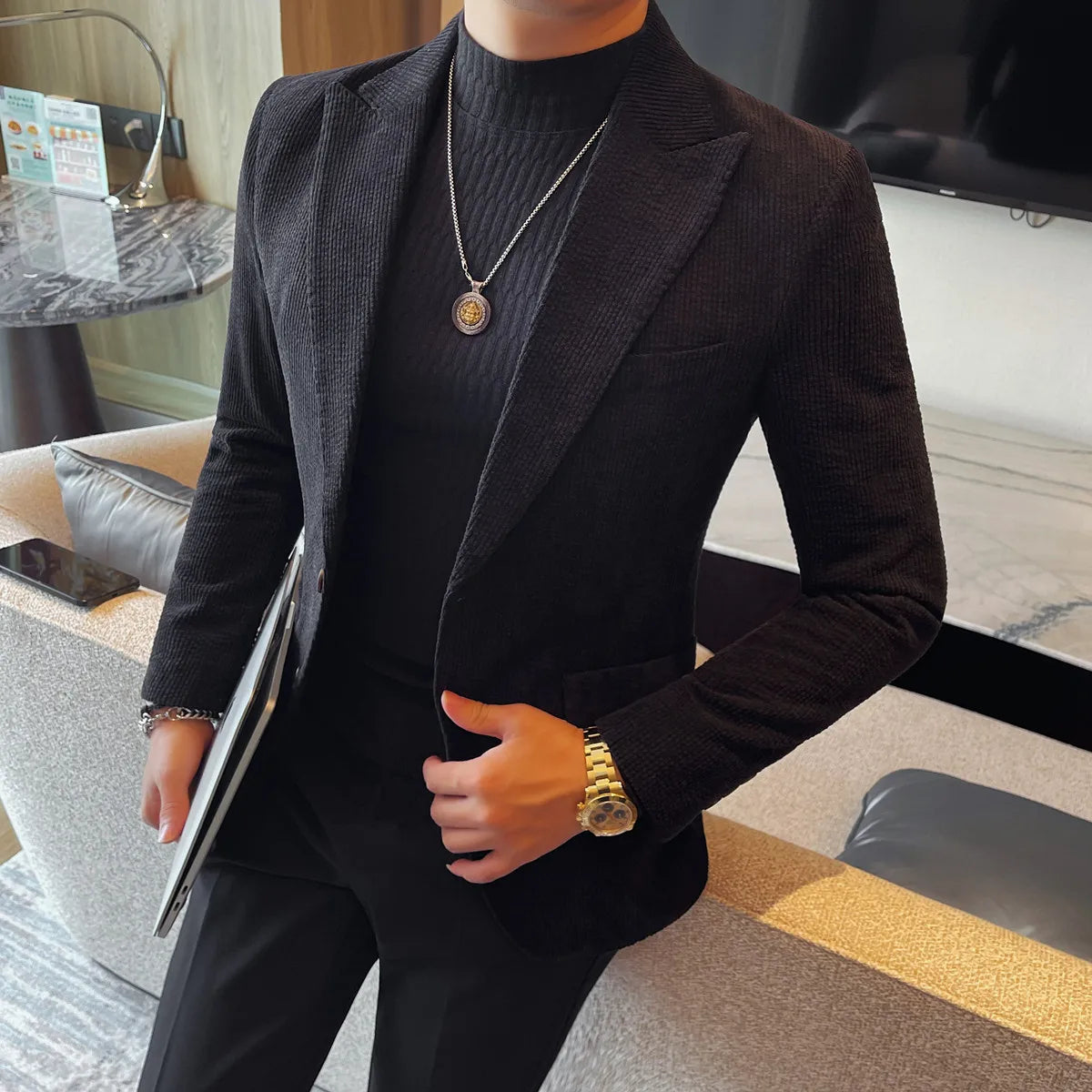 Men's Smart Casual Single Breasted Blazer – Spring Autumn Jacket in Green, Black & Coffee