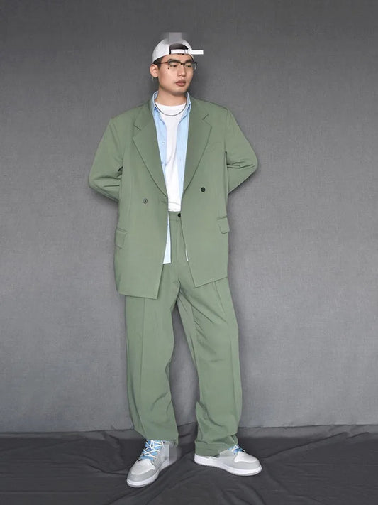 New Designer Men Loose Fit Double Breasted Blazer Pants Two Piece Set Oversized Business Casual Matching Set Fashion Suits Male