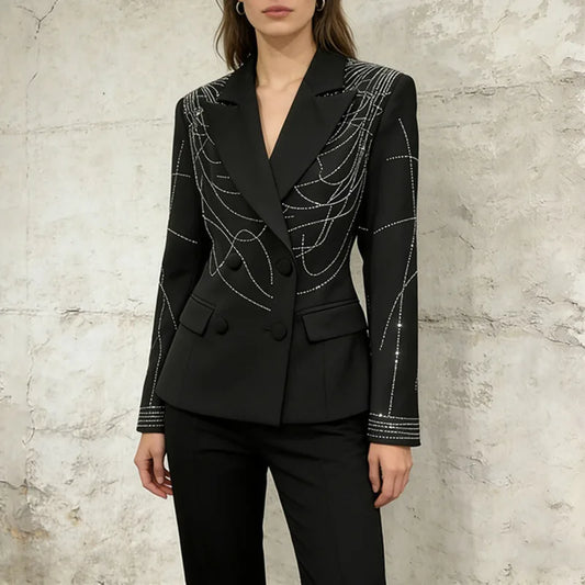 Women Blazer Elegant Tide Dark Heavy Diamonds Line Decoration Long Sleeves Stylish Double Breasted Design Suit-Coat HK24589