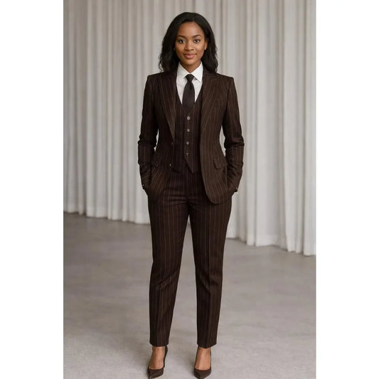 Dark Brown Striped Women Suit 3 Piece Elegant Peak Lapel Single Breasted Wear Wedding Office Lady Daily Smart Casual Outfit