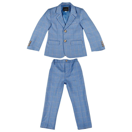 Boys Elegant Blue Plaid Blazer Set Kids Wedding Birthday Performance Costume Children's Jacket Vest Pants Bowtie Brooch