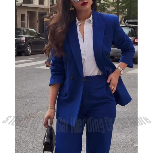 Women's Pants Suit Two Pieces(Jacket+Trousers) High Quality Double Breasted Casual Chic Tailored Straight Modern Lady Sets
