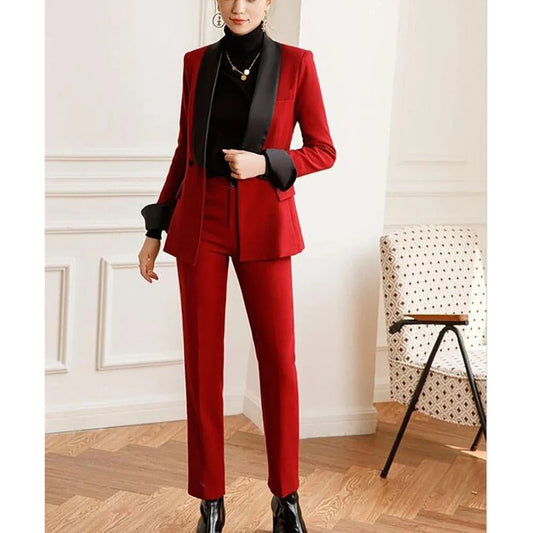 Fashion Red Women Pants Set High-end Two Button Black Collar Female Two Pieces(Blazer+Trousers)أطقم بناطيل