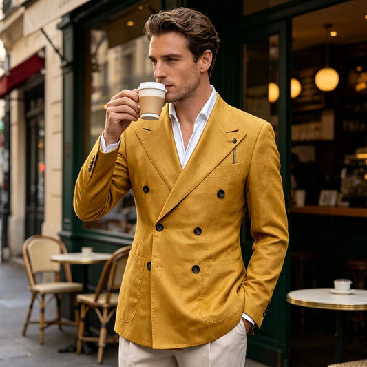 Men's Double Breasted Linen Cotton Blazer – Classic Style for Wedding & Business
