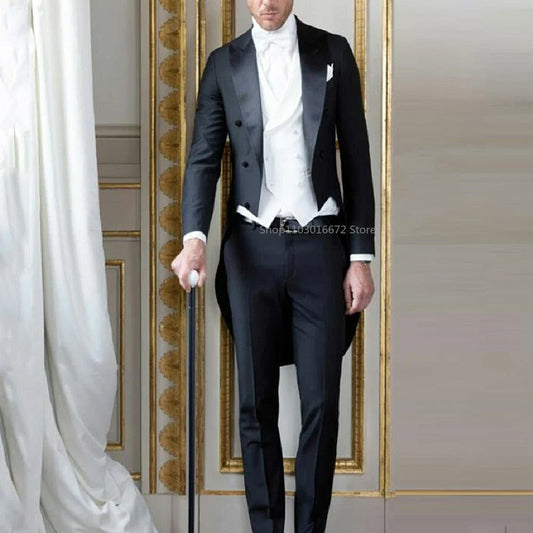 Formal Black Wedding Men Tailcoat 3 Piece Groom Tuxedo for Prom Party Male Suit Fashion Wedding Suits Jacket with Pants Vest