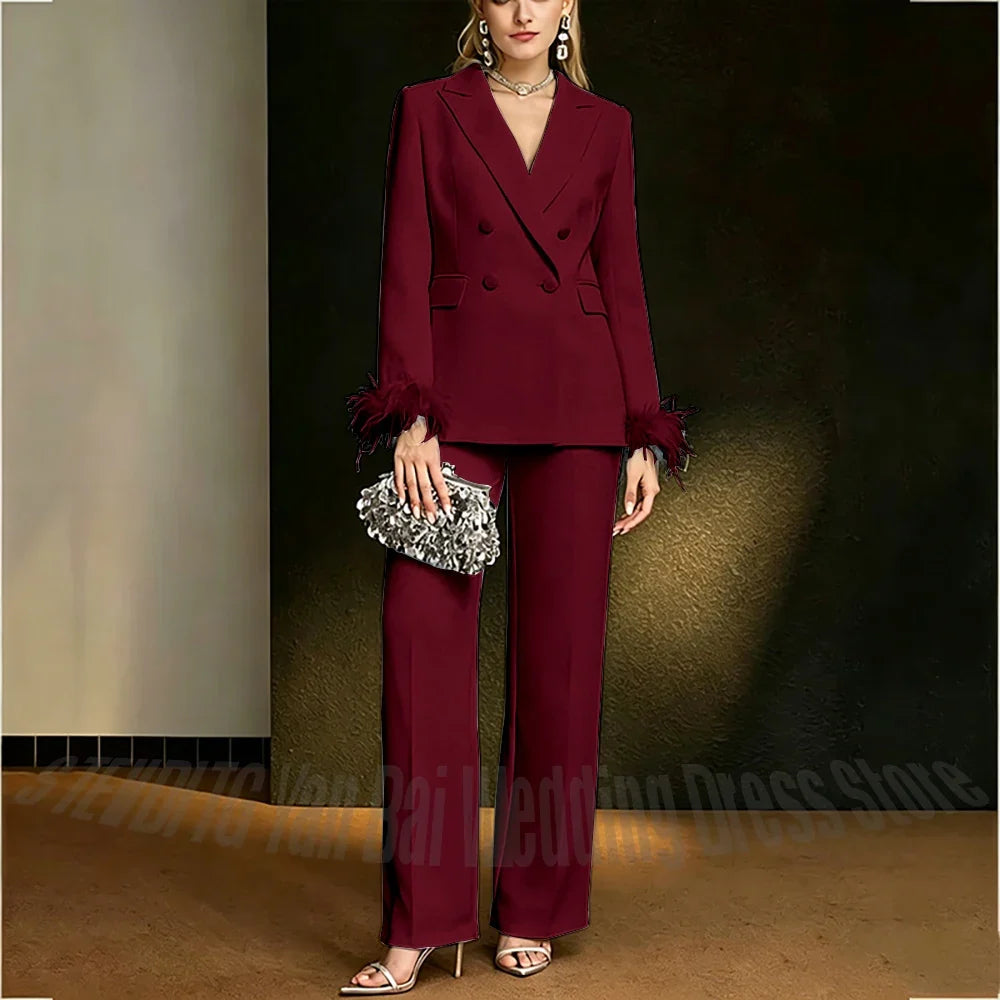 Luxury White Feather Women's Suit Elegant Classic Double Breasted Jacket Pants Formal Evening Party Wedding Guest Outfit