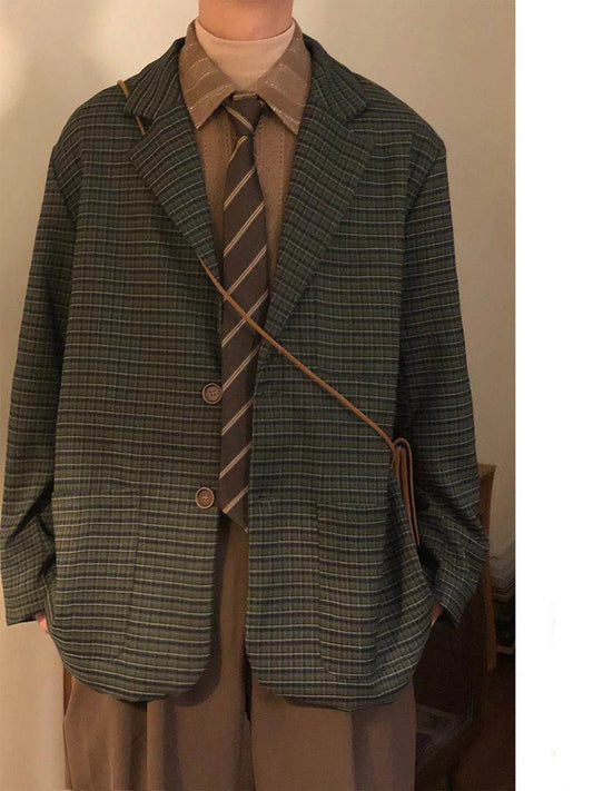 Women's Army Green Loose Plaid Blazer Y2k 2000s Vintage Casual Fashion Suit Coat Japanese Oversize Suit Jacket for Women Autumn