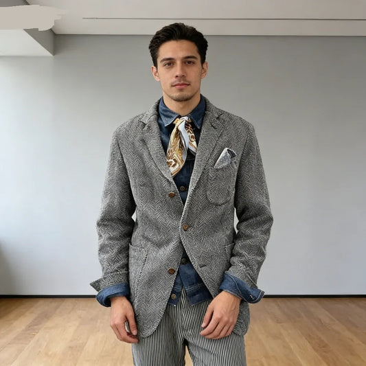 Men's Grey Fish Scale Pattern Tuxedo Jacket 2025 New Autumn Retro Travel Casual Top Unique Men's Fashion