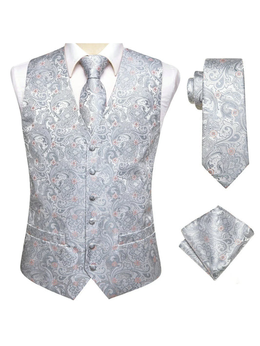 Men's Vest 3-Piece Set Satin Jacquard Waistcoat with Tie and Pocket Square for Wedding and Formal Occasions