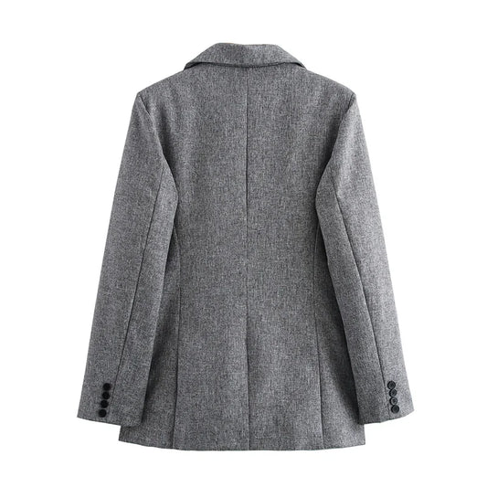 Women Fashion With Pockets Grey Single Breasted Blazer Vintage Notched Neck Long Sleeves Female Chic Lady Outfits