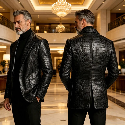 Men's Luxury Shawl Lapel Blazer Crocodile Embossed Leather Slim Fit Double Breasted Coat For Business Wedding Party Evening Wear