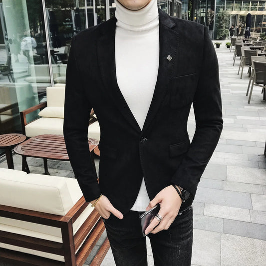 Korean Autumn Winter Men's Suede Suit Jacket Solid Color Slim Fit Casual Business Blazers High Quality Social Formal Coats M-4XL