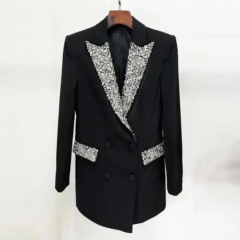 Trendy Fashion Women's Tide Handmade Gorgeous Blazer Heavy Industry Nail Bead Inlaid Diamond Slim Medium Length Coats H2699
