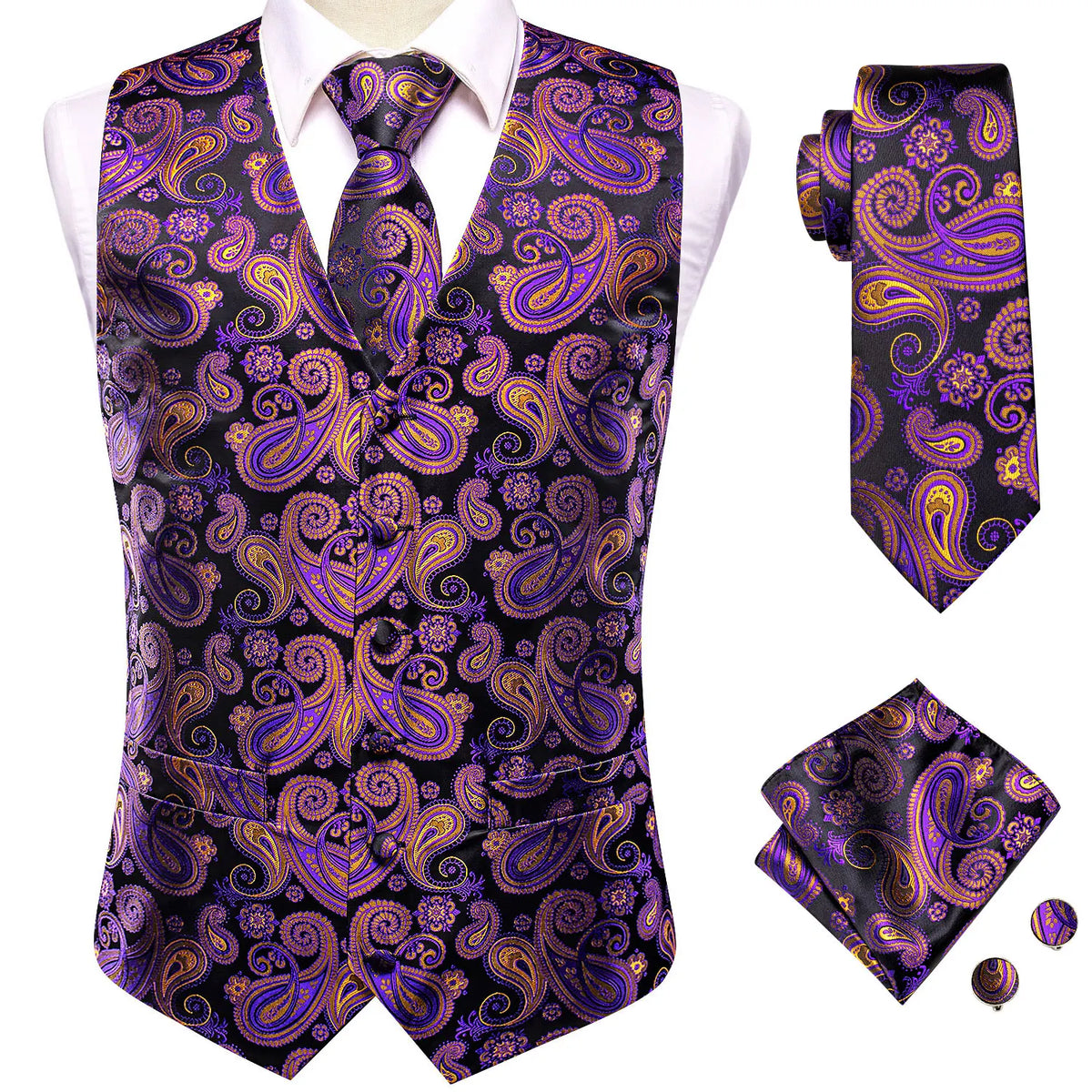 Men's Jacquard Floral Waistcoat Set with Tie, Pocket Square & Cufflinks – Purple Paisley, Wedding & Business