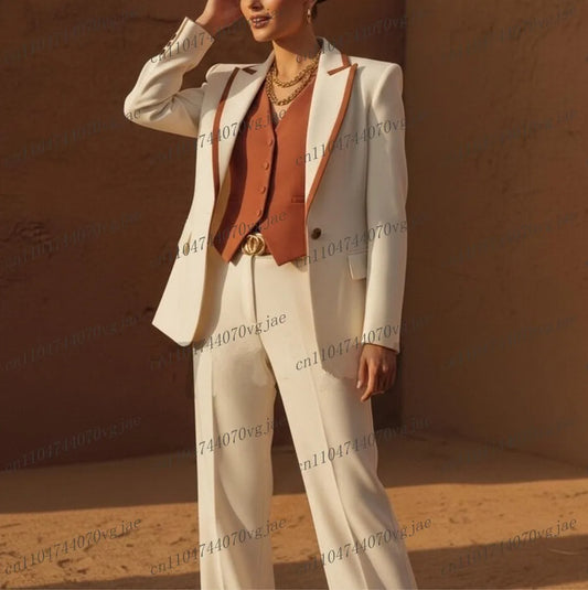 Ivory And Orange Formal Business Women Suit Wedding Party Prom Ladies Mother Girl Tuxedos Costume 3 Piece Set Blazer Vest Pants