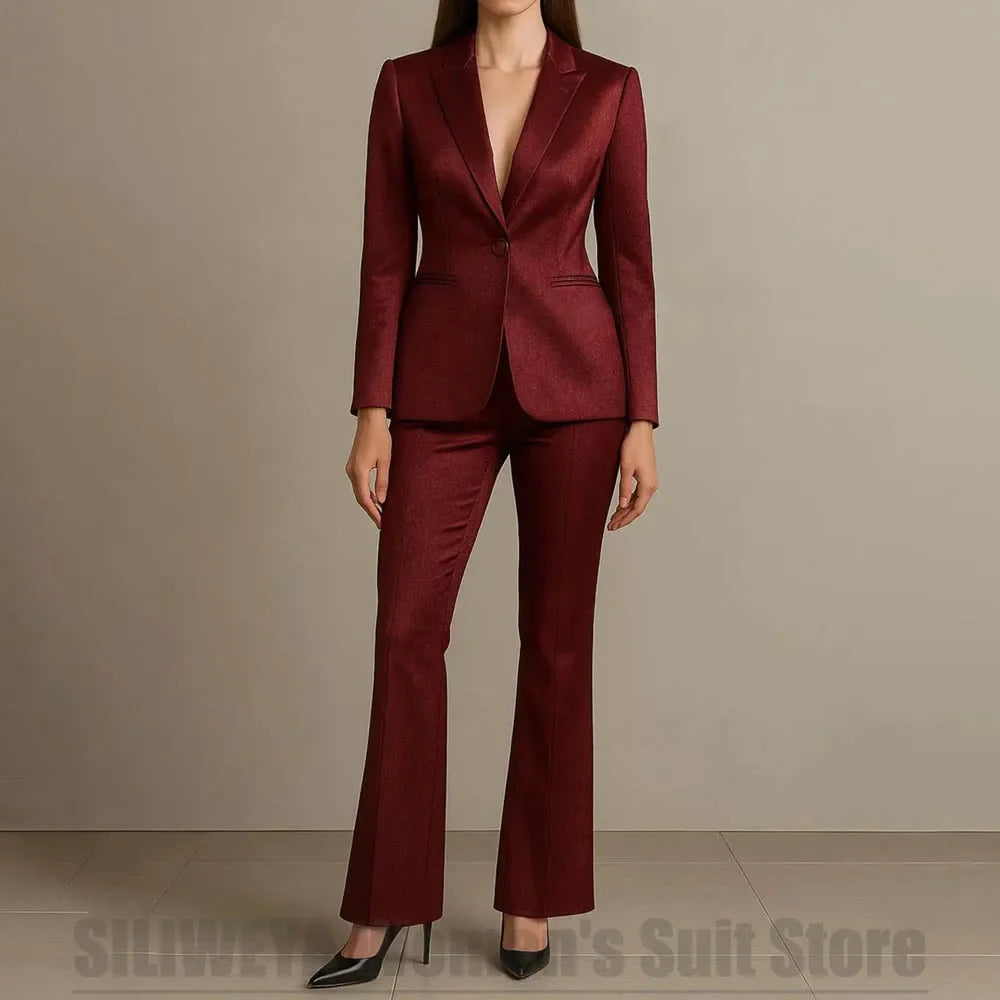 Shiny Satin Women's Suit 2 Piece One Button Blazer and Pants Formal Business Outfit for Office Work Wedding Party Tuxedo
