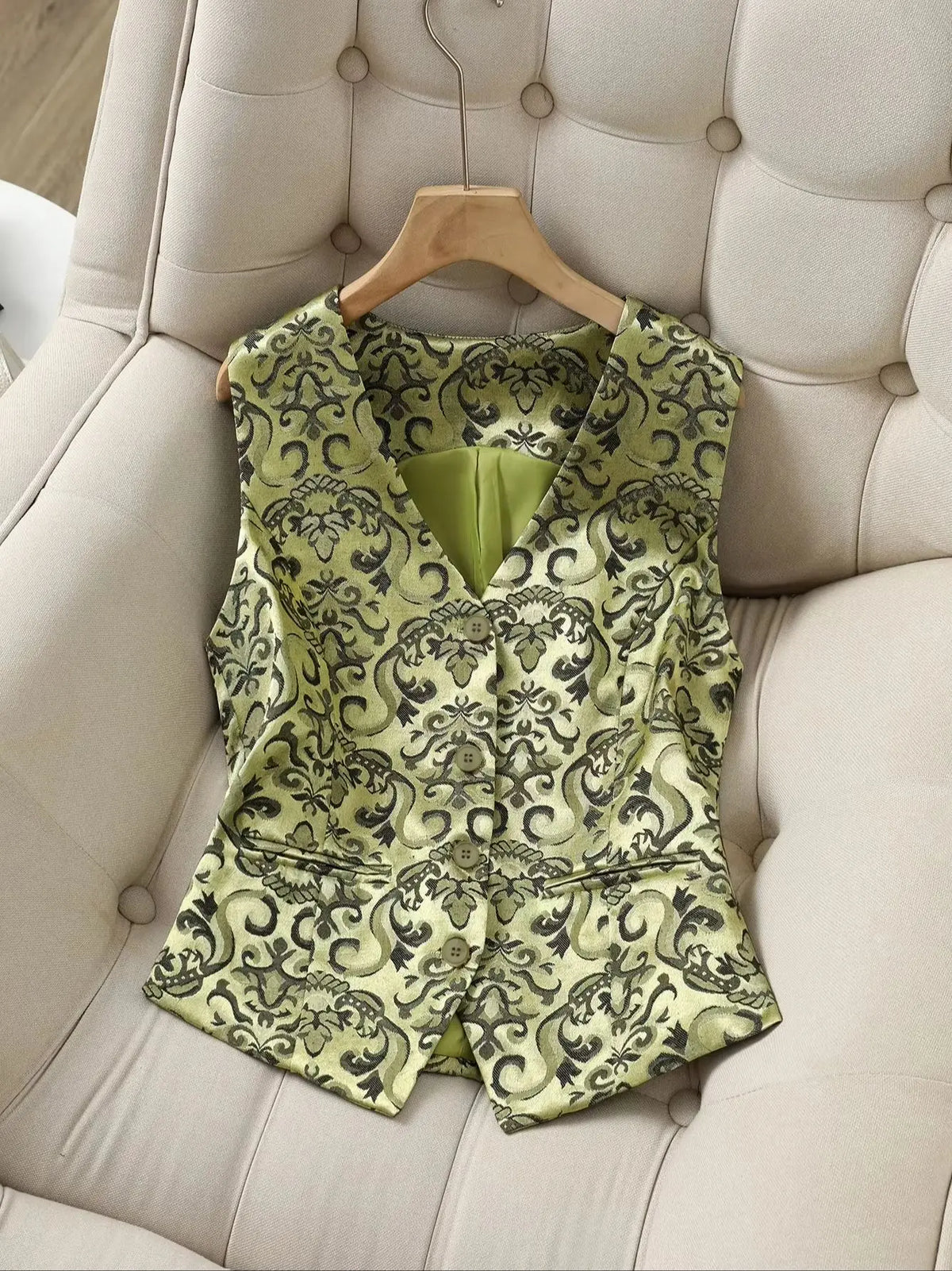 Women's Vintage Jacquard Vest in Green - Elegant Baroque Print Button-Up Waistcoat Luxury Satin Jacquard Vest with Ornate