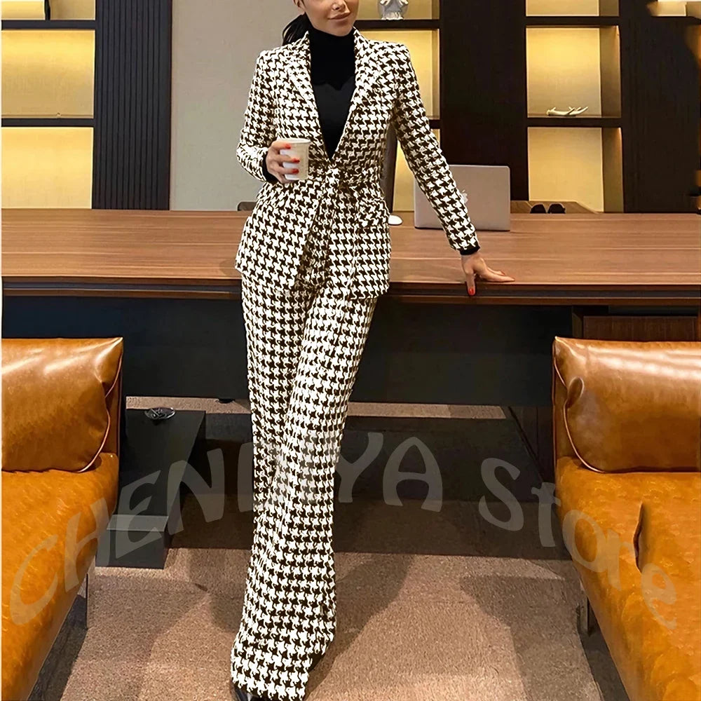 New Houndstooth Suit Two Pieces Regular Fitted Straight Peaked Lapel Fashion Jacket with Blazer Elegant Lady Sets Customized