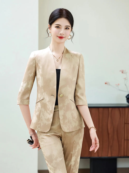 Fashion Office Ladies Blazer and Pants Suit Formal V Neck Half Sleeve Women Jacket Trouser Women Business Work Wear 2 Piece Set
