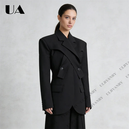 Black Asymmetrical Double-Breasted Blazer with Deconstructed Lapels Modern Minimalist Womens Suit Blazer Stylish Outfit