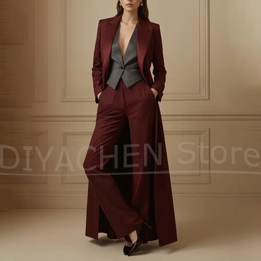 Women's Suit Set Burgundy Long Coat with Gray Vest Wide Leg Pants Chic Peak Lapel Formal Wedding Party Prom Outfit 3 Piece