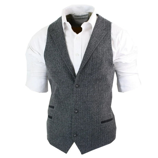 Men's Vest Single Breasted Herringbone Lapel Waistcoat for Weddings and Business