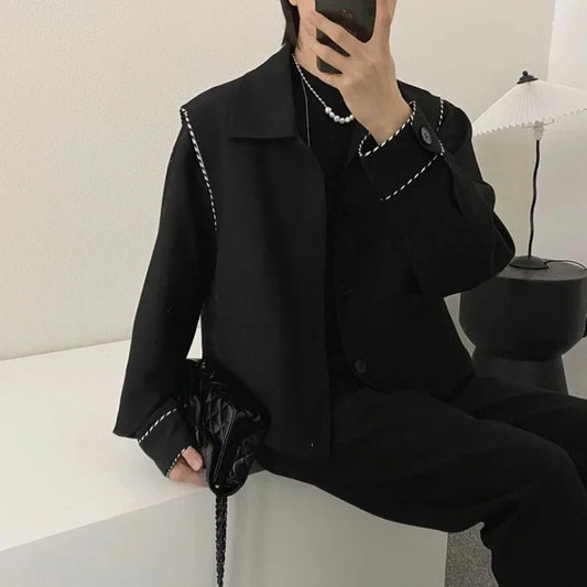 Men's Cropped Blazer Black Striped Single Breasted Party Jacket Korean Style