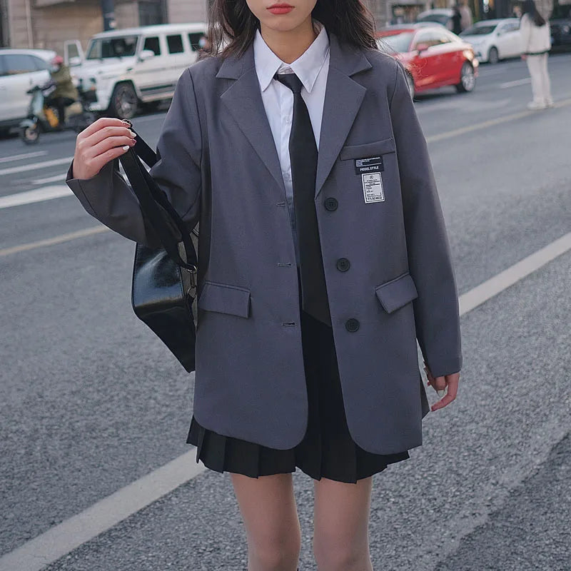 Retro ey ular Women's Suit Loose Hong Kong Sle Faionable Korean Version Spring Autumn New Arrival Polyester Fabric