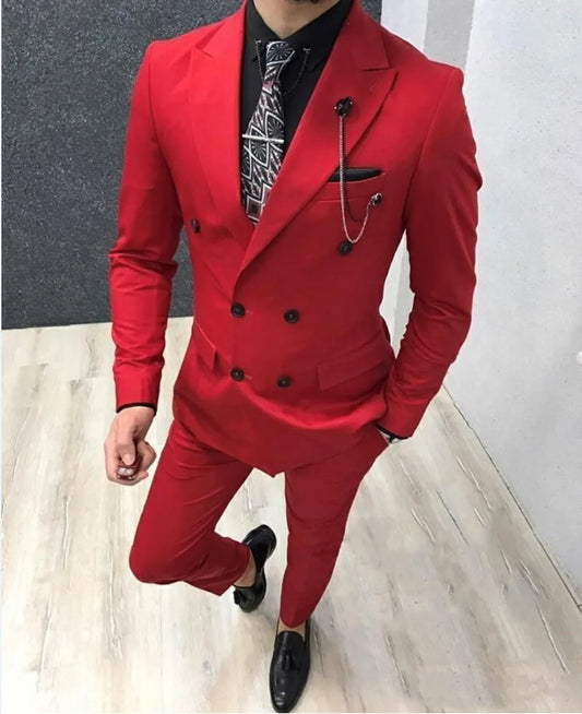 Red Handsome Double-Breasted Groomsmen Peak Lapel Groom Tuxedos Men Suits Wedding/Prom/Dinner Best Man Blazer(Jacket+Pants+Tie)