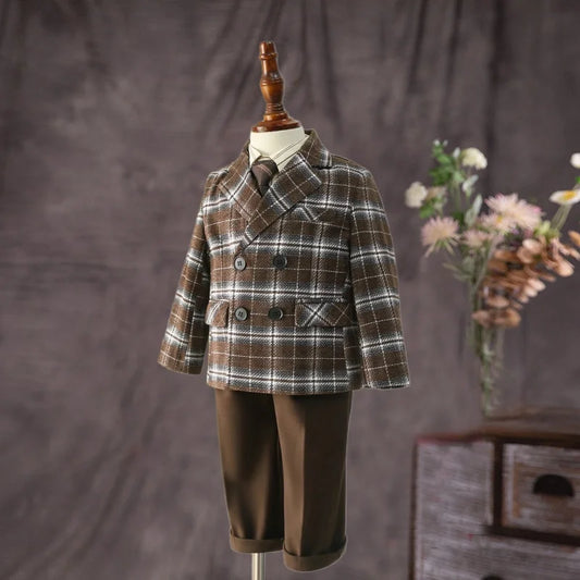 Boys Plaid Wedding Suit Set Flower Boys Autumn Winter Blazers Jacket Trousers Set Kids Piano Performance Tuxedo